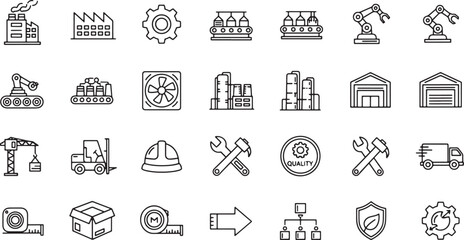 Comprehensive set of thin line icons illustrating industrial manufacturing processes, factory automation, and supply chain logistics