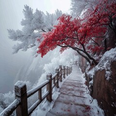 A snow-covered, wooden staircase ascends a misty mountain path, flanked by a frost-covered tree and a vibrant red maple, creating a dramatic winter scene