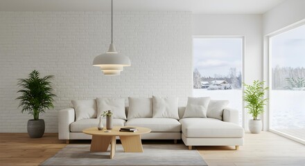 White Scandinavian Living Room with Sectional Sofa, Plants, and Winter View