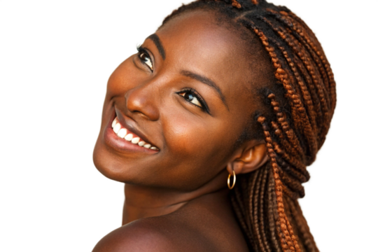 Beautiful african woman with braided hair smiling and looking up, isolated on transparent background she is wearing earrings and has a happy expression on her face - Powered by Adobe