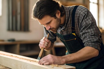 Focused woodworker in workshop carving timber with chisel, demonstrating dedication, skill, and precise craftsmanship in traditional woodworking art