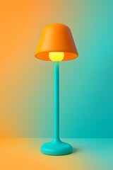 Obraz premium Vibrant 3D render of a tall teal floor lamp with orange lampshade glowing softly on orange teal gradient background, perfect for lifestyle interior or decorative design themes