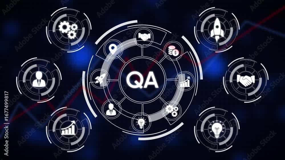 Poster quality assurance concept with business and technology icons in a circular diagram testing software