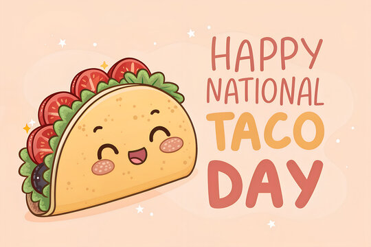 Happy National Taco Day! Celebrate with this adorable cartoon taco and delicious recipes generative ai