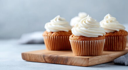 Close-up of three cupcakes with cream frosting