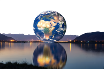 Earth egg reflecting on water isolated on white background