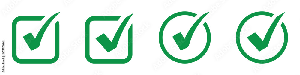 Poster check box icon with correct, accept checkmark icons, green tick box, check list circle frame, checkb