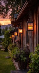 Obraz premium Wooden cabin at sunset