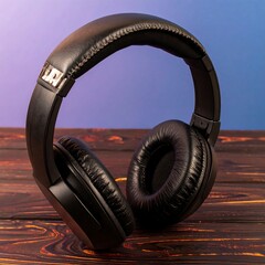 Black over-ear headphones on a wooden surface