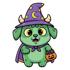 Adorable Halloween Puppy Dressed As Wizard with Pumpkin Basket Cartoon Illustration