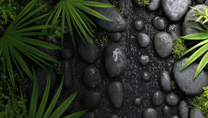 Dark, wet, smooth stones form a stream bed, flanked by lush green tropical foliage.  Water droplets glisten