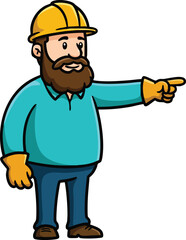 Construction worker wearing yellow helmet pointing right with beard and gloves vector illustration 