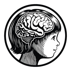 A simple, striking silhouette of a child’s head, highlighting the brain area, symbolizing learning, imagination, and cognitive growth in a clean, minimal style.
