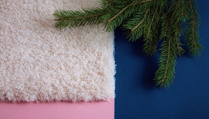 Off-white fluffy textile on pink, meets navy blue backdrop; evergreen sprig rests atop