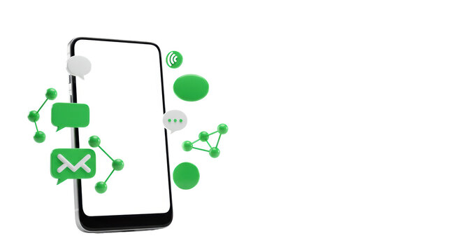 Clean, unbranded smartphone with blank screen, dynamically surrounded by vibrant green 3D communication icons on a high-key white studio background, concept of global digital connectivity