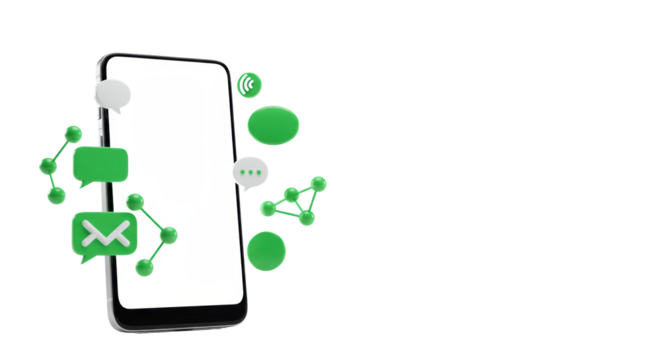Clean, unbranded smartphone with blank screen, dynamically surrounded by vibrant green 3D communication icons on a high-key white studio background, concept of global digital connectivity