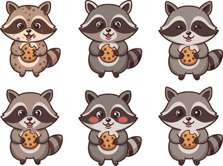 Cartoon raccoons holding chocolate chip cookies, playful animal characters with varied expressions, snack-themed kids illustration for stock platforms