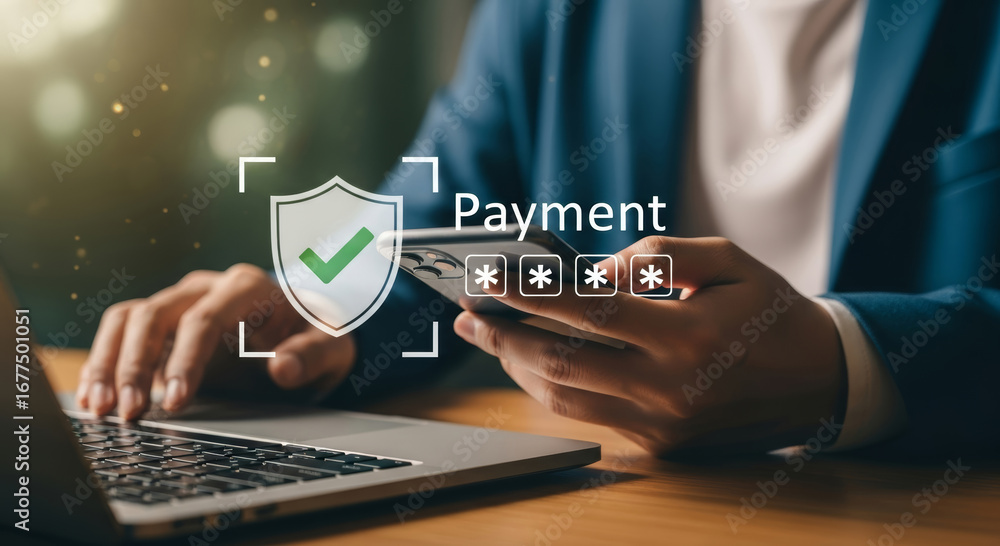 Poster secure online payment transaction with encrypted data and digital security in action