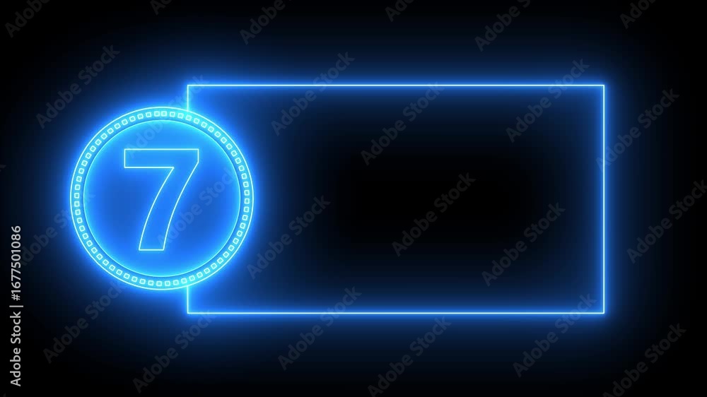 Aufkleber blue neon number 7 inside circle with rectangle frame on black background seven digit