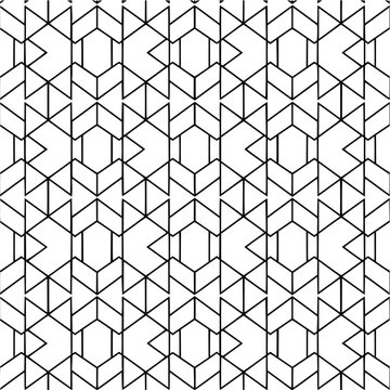 Geometric pattern of triangles hexagons and v shapes in a repeating design with black lines on white background