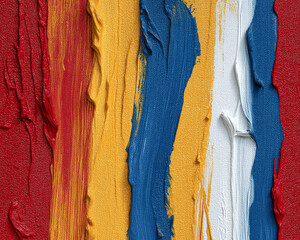 abstract vertical paint strokes in bright red, rich blue, golden yellow, and clean white, hand-painted acrylic texture on canvas for modern wall art 