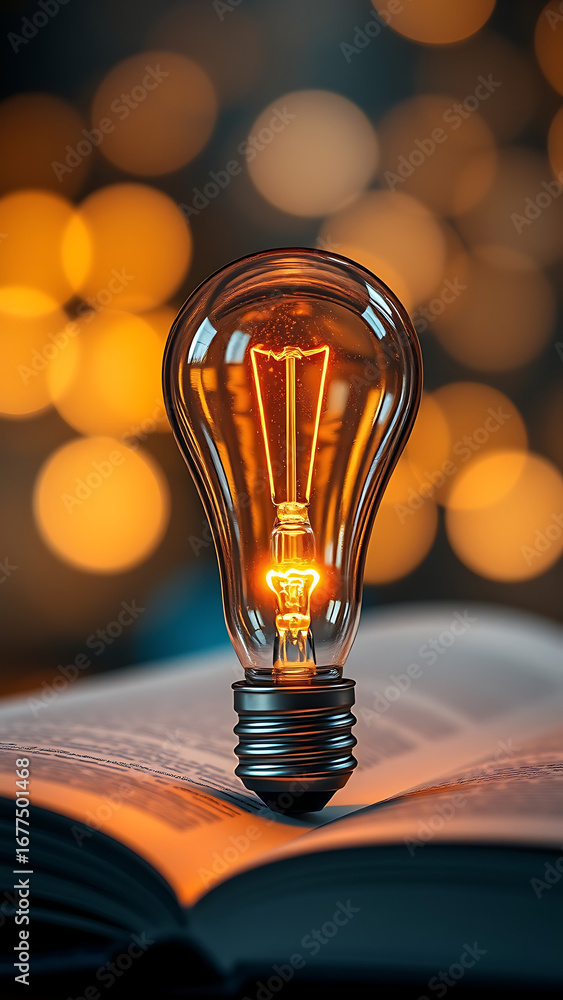 Poster light bulb glowing on book idea of inspiration from reading innovation idea concept self-learning