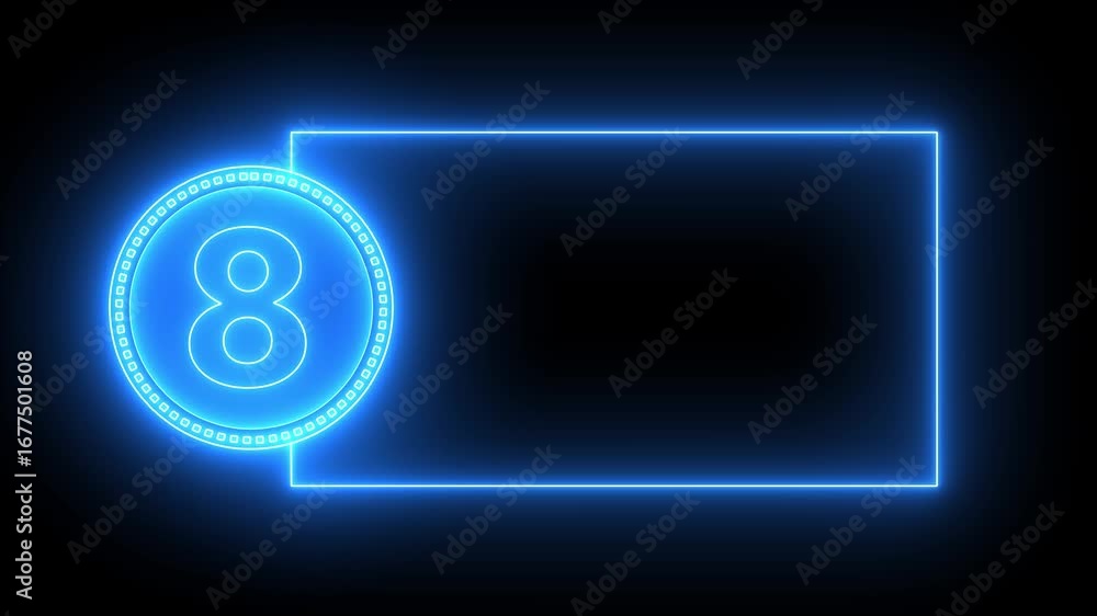 Aufkleber blue neon number 8 inside circle with rectangle frame on black background eight digit