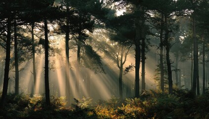 Obraz premium Sunbeams pierce a misty forest at dawn, illuminating tall, slender pine trees and ferns on the forest floor