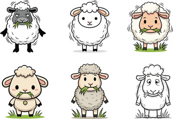 Obraz premium Cartoon sheep with grass, expressive farm animals, character design variations, playful poses, wool textures, nature illustration, creative styles
