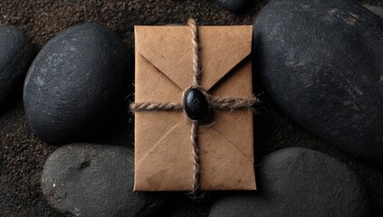 A rustic brown envelope, tied with twine and sealed with a dark wax stamp, rests on dark pebbles and sand