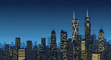 Stunning night cityscape illustration featuring illuminated skyscrapers against a deep blue twilight sky.