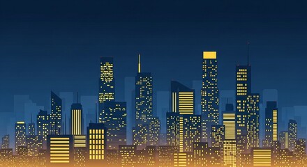 Illustrative cityscape at night with illuminated skyscrapers and a dark blue sky, evoking urban atmosphere.