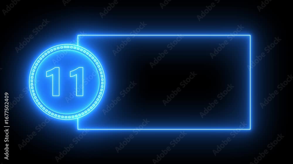 Poster blue neon number 11 inside circle with rectangle frame on black background eleven digit