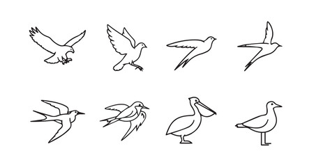 Birds flying line art icon bundle illustration