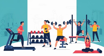 Diverse group of people actively engaged in various fitness activities at a modern gym, promoting health and wellness.