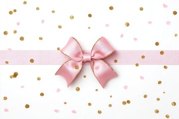 Pastel pink bow on white ribbon with gold and pink confetti
