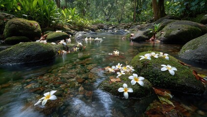 Serene jungle stream, crystal-clear water flows over mossy rocks, adorned with scattered white blossoms