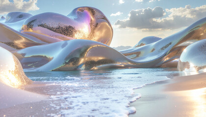 Dreamlike ocean landscape with flowing transparent ribbons and golden particle effects - luxury spa concept