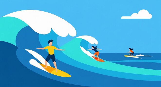 Three surfers riding vibrant ocean waves on sunny day, enjoying summer adventure and extreme water sports. Flat design illustration perfect for travel blogs, websites, and social media.