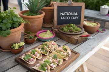 A vibrant spread of tacos and fresh guacamole, celebrating National Taco Day outdoors, surrounded by potted plants and a rustic chalkboard sign generative ai