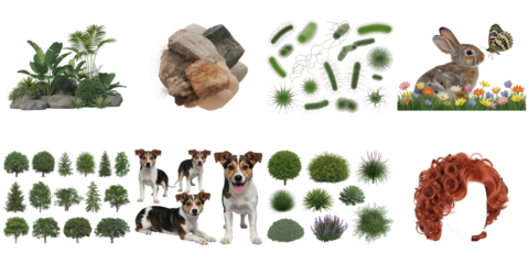 Plants rocks bacteria rabbit butterfly dogs foliage isolated on a transparent background image