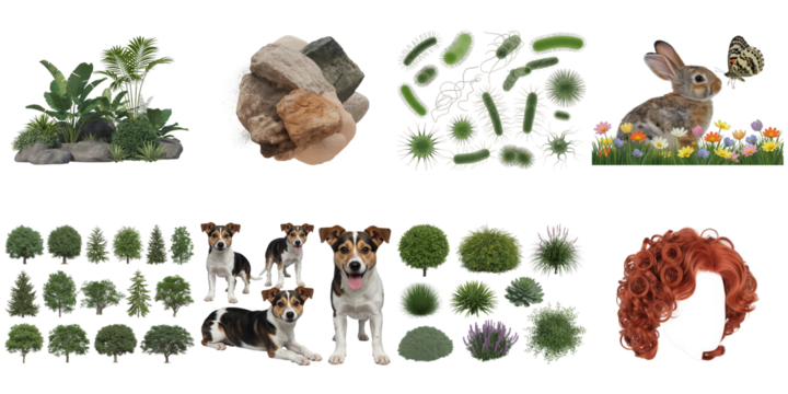 Plants rocks bacteria rabbit butterfly dogs foliage isolated on a transparent background image