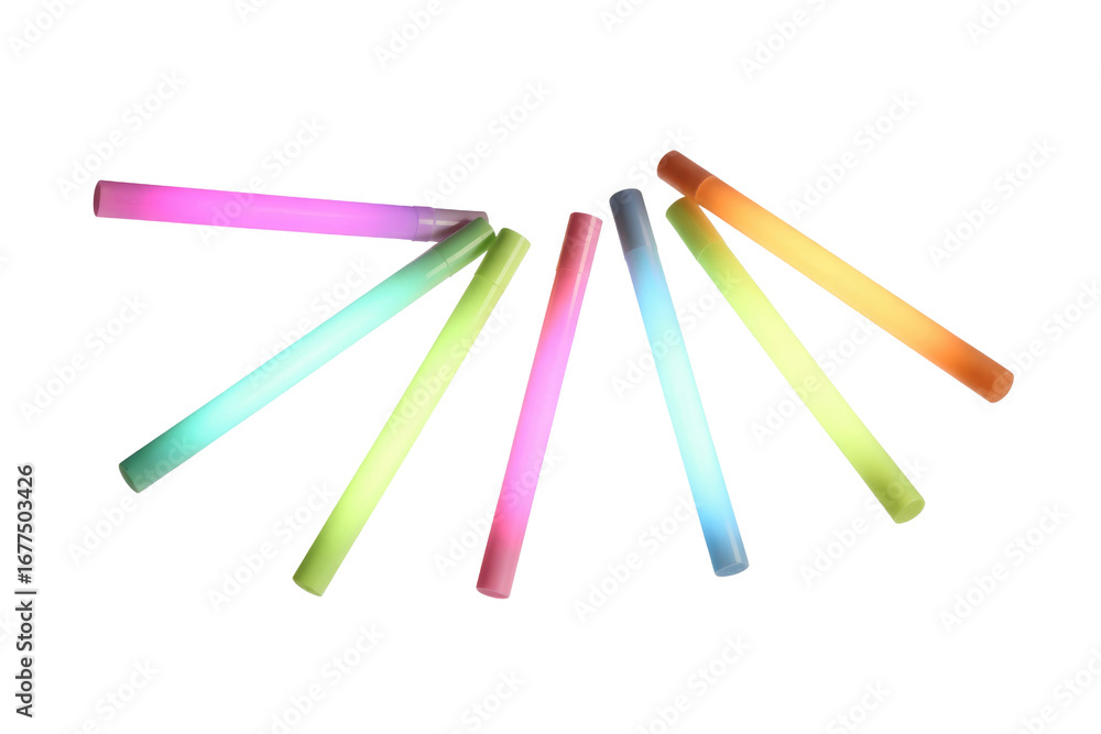 Poster assorted colorful glow sticks arranged in a radial pattern on a transparent background. background r