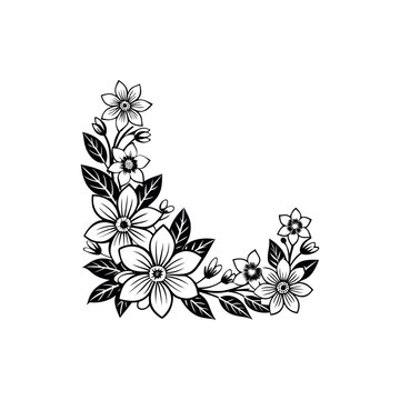Elegant floral corner design featuring black and white outlined flowers and leaves Silhouette Vector