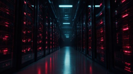 Modern Server Room Infrastructure with Glowing Lights