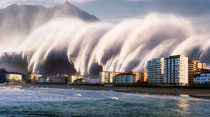 Massive Tsunami Wave Crashing Towards a Coastal City
