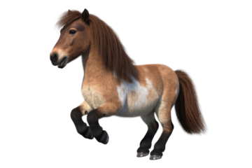 A cute brown and white Shetland pony, digitally rendered, prancing against a transparent background. background removed