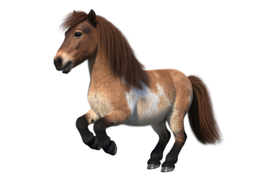 A cute brown and white Shetland pony, digitally rendered, prancing against a transparent background. background removed