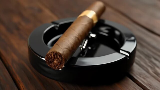 Dark, glossy cigar ashtray rests on a wooden surface, holding a rich-brown cigar.