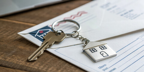 Key house keychain envelope security deposit apartment rental contract close up wooden table document. close up of house key with house shaped keychain resting security deposit envelope